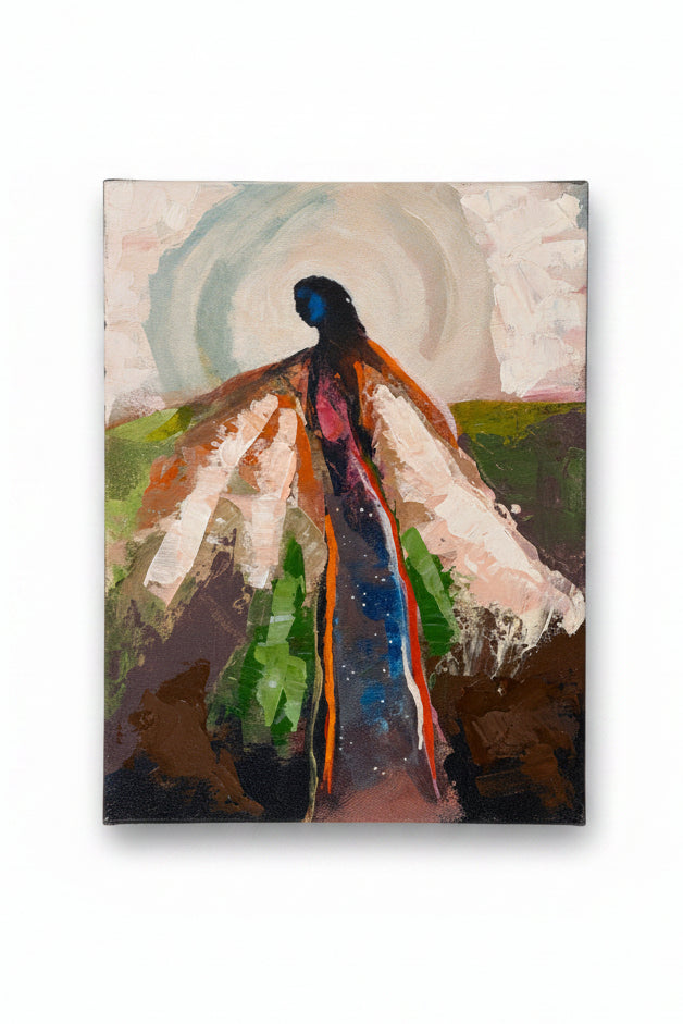 Abstract painting of a figure with colorful drapery on a gray wall