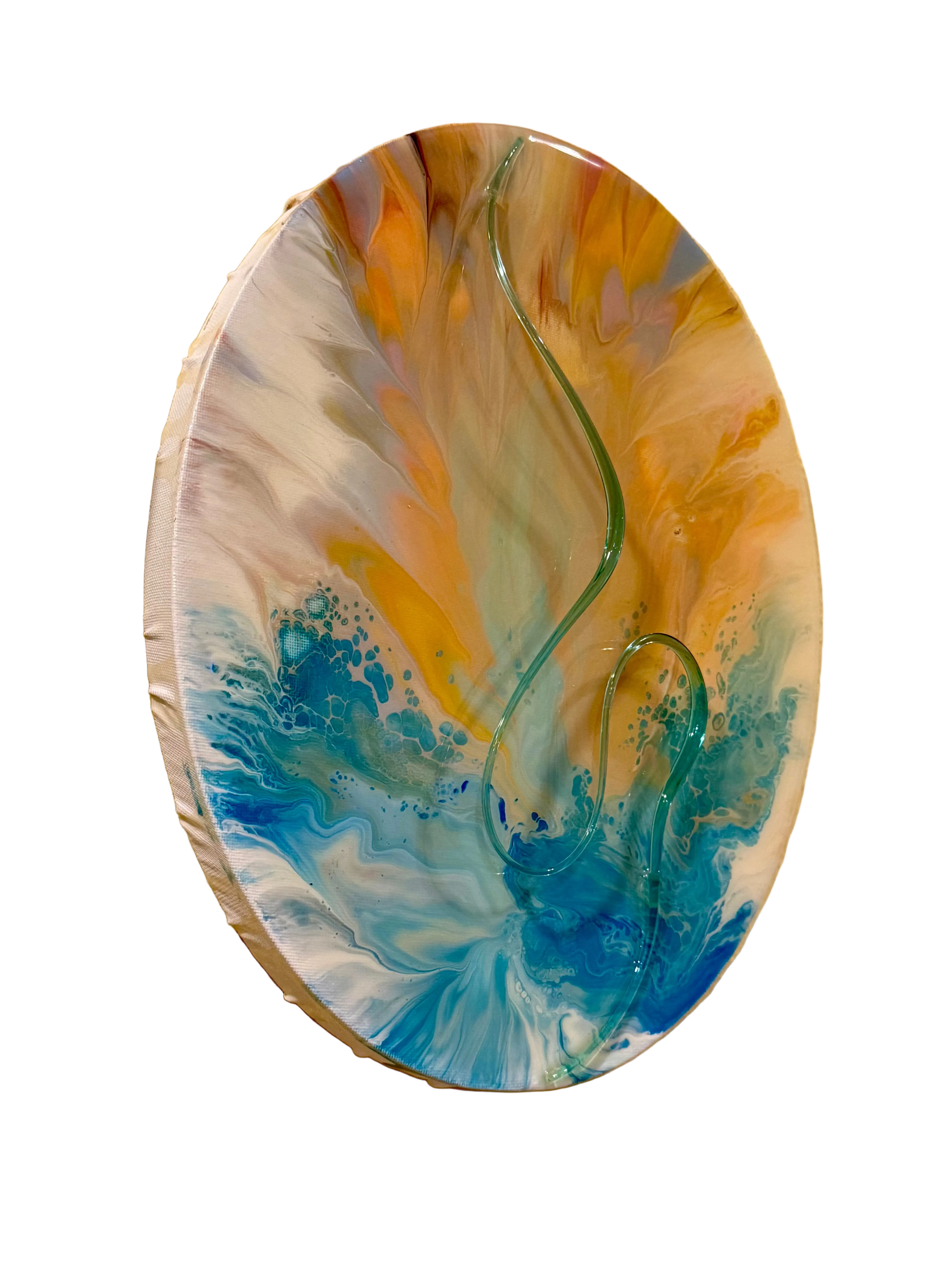 An oval fluid art wall hanging with swirling blue, white, orange, and yellow paint, featuring a clear green snake-like vein, displayed on a textured yellow wall.