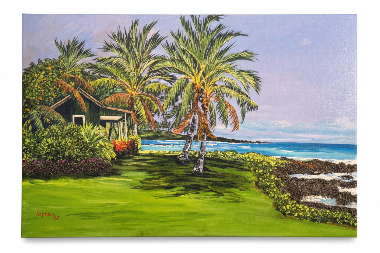 A landscape painting of a tropical beach scene with palm trees, a small house, green lawn, ocean, and sky, shown as a square print against a white background. Ewa Parker Cottage