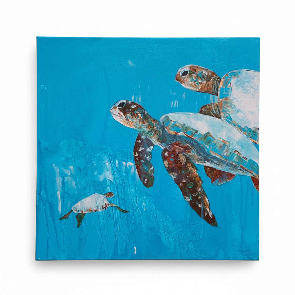 Painting of two hawaiian sea turtles on a blue background