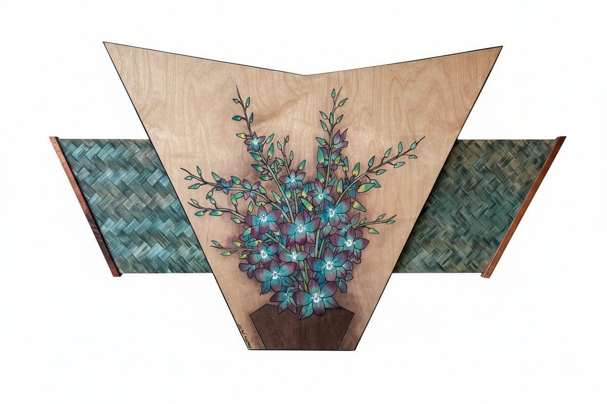 Decorative wall art with Hawaiian woven style and floral design and geometric patterns on wood.