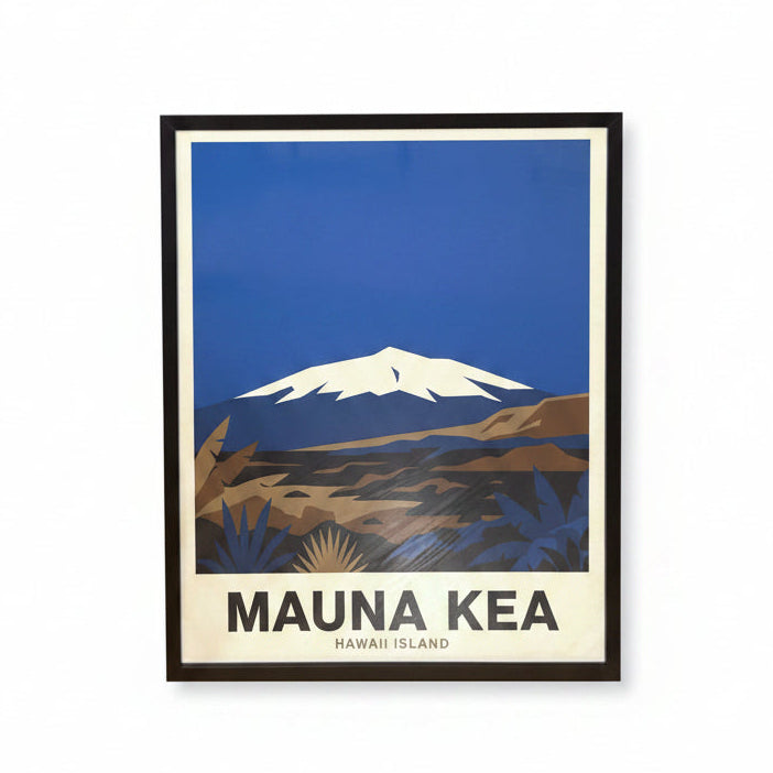 A framed travel poster of Mauna Kea, Hawaii, featuring a stylized graphic illustration of the snow-capped mountain against a blue sky, with the text 'MAUNA KEA HAWAII ISLAND' at the bottom, displayed on a clean white background.