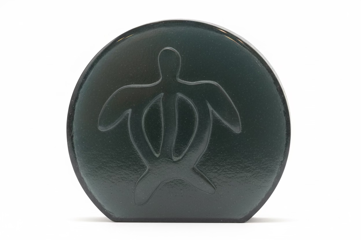 Decorative turtle sculpture on a wooden surface with a blurred background