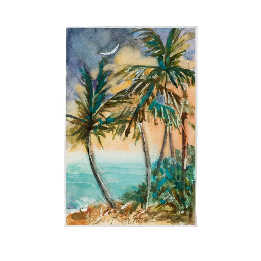 A vertical watercolor painting of a tropical beach scene with leaning palm trees, turquoise ocean water, sandy shore, and a crescent moon in the sky, shown against a white background.