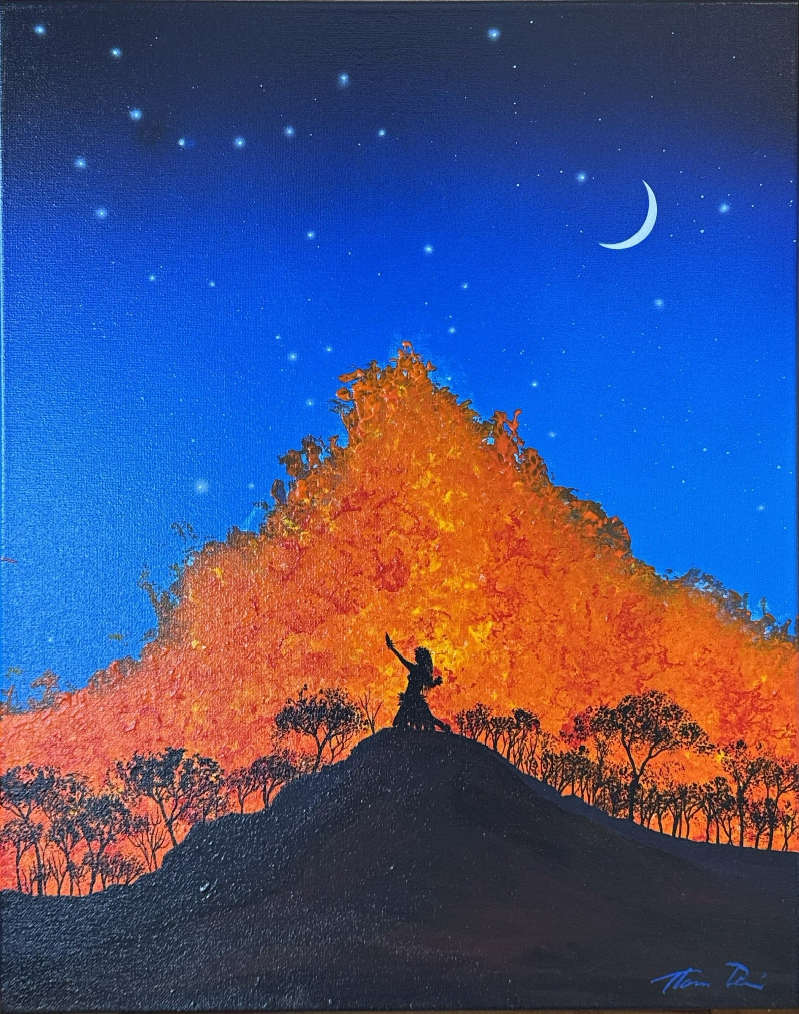 A textured painting of a night landscape featuring a bright orange and yellow glowing mountain or tree-covered hill under a deep blue starry sky with a crescent moon. A dark silhouetted figure stands atop a hill in the foreground.