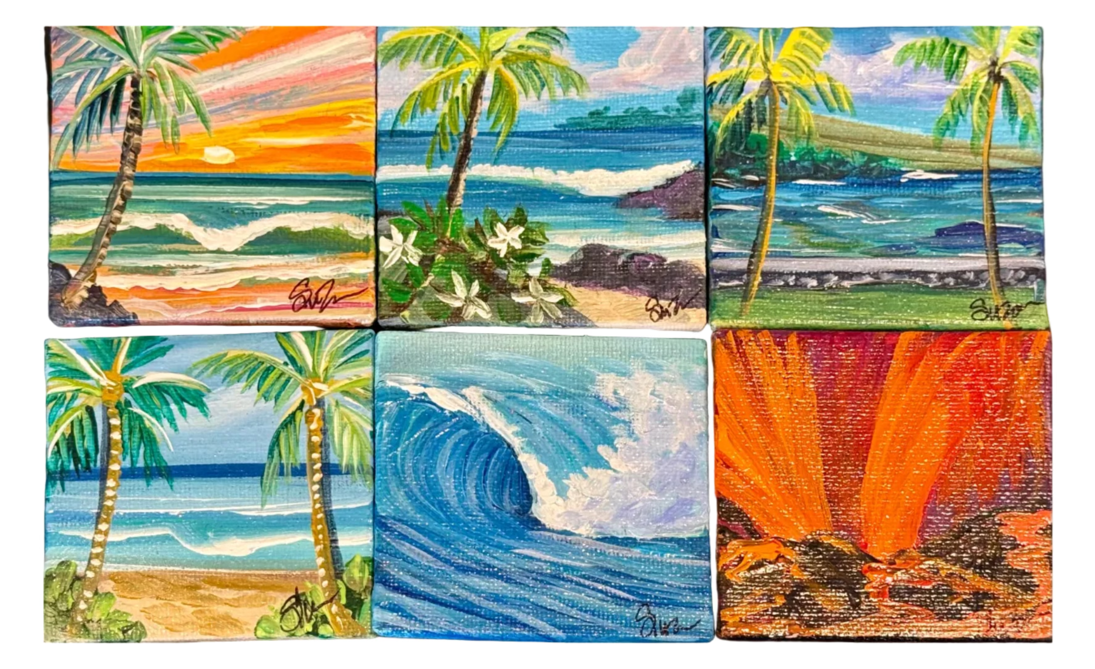 A set of six small square canvas paintings arranged in a 2x3 grid, each depicting a tropical beach scene with palm trees, ocean waves, sandy shore, and bright sunset or lava tones. Because the depicted scenes themselves appear to be the product being sold as wall art, this fits Scenery rather than Product/Packaging.