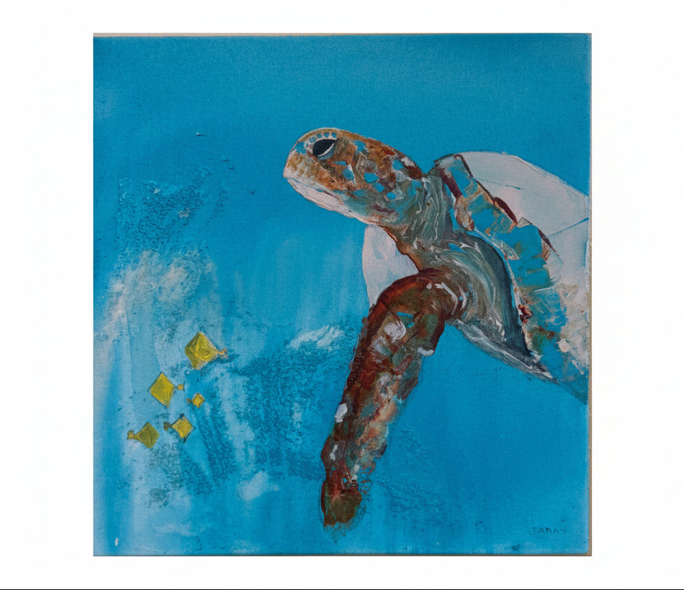 Painting of a hawaiian sea turtle on a blue background