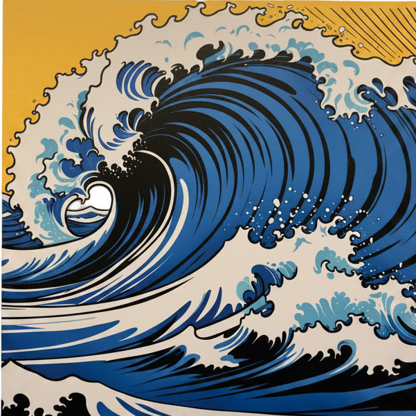 Decorative wall art of a large wave, pipeline surf break oahu done in a pop art style