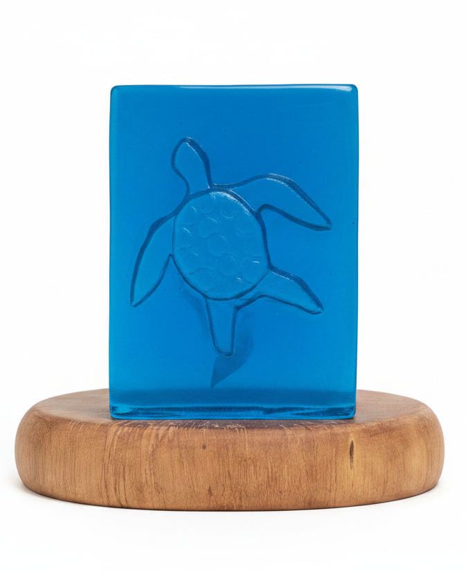 A translucent blue glass block with an embossed sea turtle design, shown next to a wooden ruler for scale on a wooden surface against a beige wall.