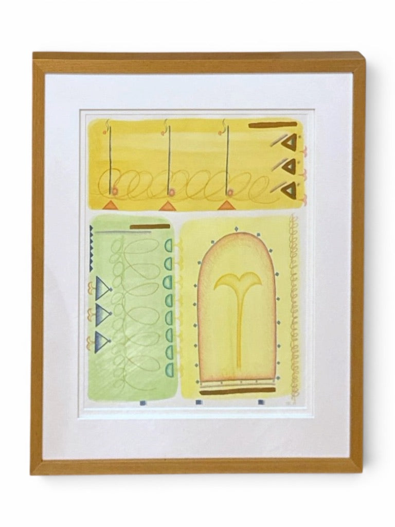 Framed abstract art print featuring four geometric and organic panels in yellow, green, and beige tones, enclosed in a light wood frame with a white mat.