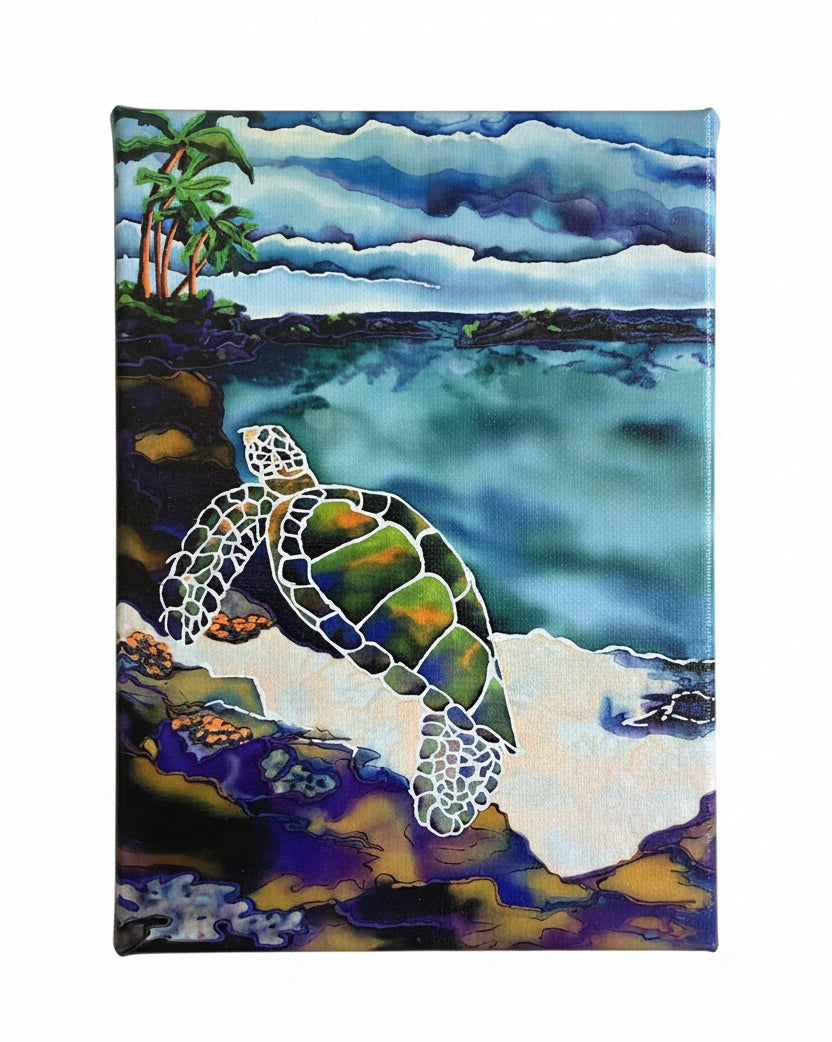 mini giclee watercolor painting with a hawaiian sea turtle design on a beach scene