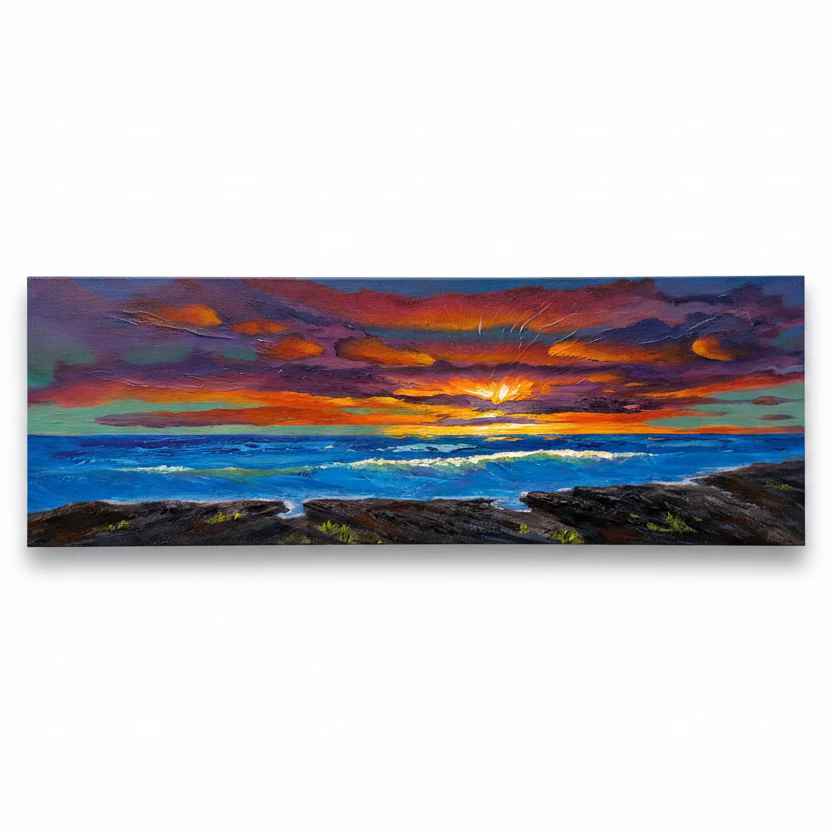 A horizontal canvas painting of a dramatic sunset over the ocean, featuring dark clouds illuminated in orange and yellow, blue water, and dark rocky shoreline in the foreground.