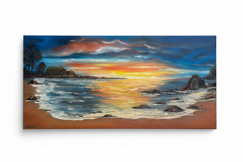 Painting of a sunset over a hawaii beach with rocks and trees on a beige wall.