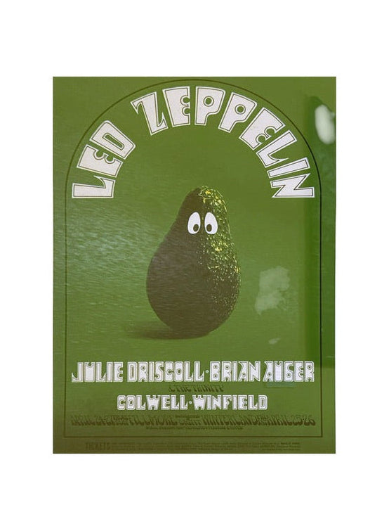 A square album cover for Led Zeppelin's 'Avocado' featuring a green background with a cartoon avocado character and white text.