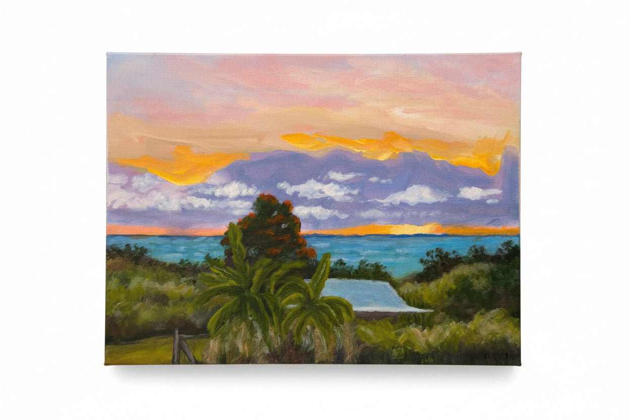 Painting of a sunset over a landscape with trees and water on a textured wall.