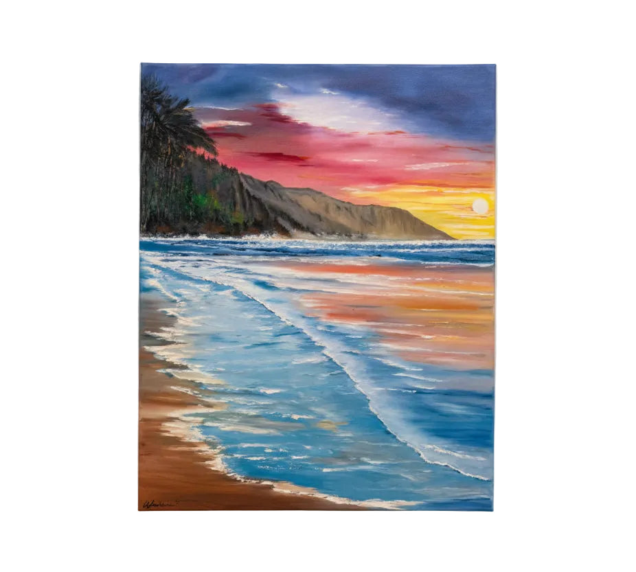 Painting of a beach scene with a sunset over mountains