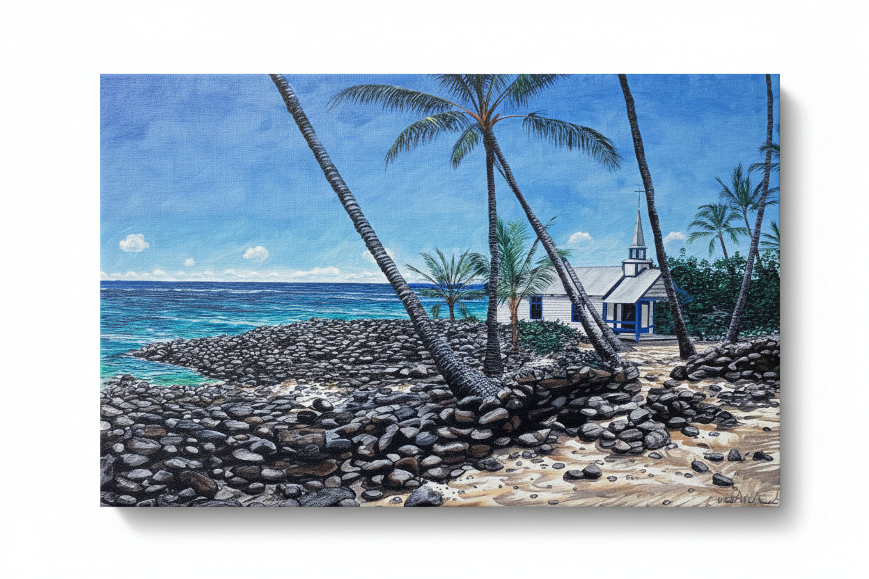 Canvas print of a tropical beach scene with palm trees and small church in kailua kona hawaii