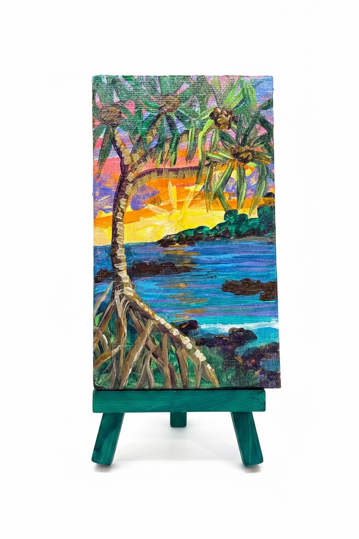 A small colorful painting of a tropical beach scene with palm trees, blue water, rocks, and a bright sunset, displayed on a green easel against a wooden background.