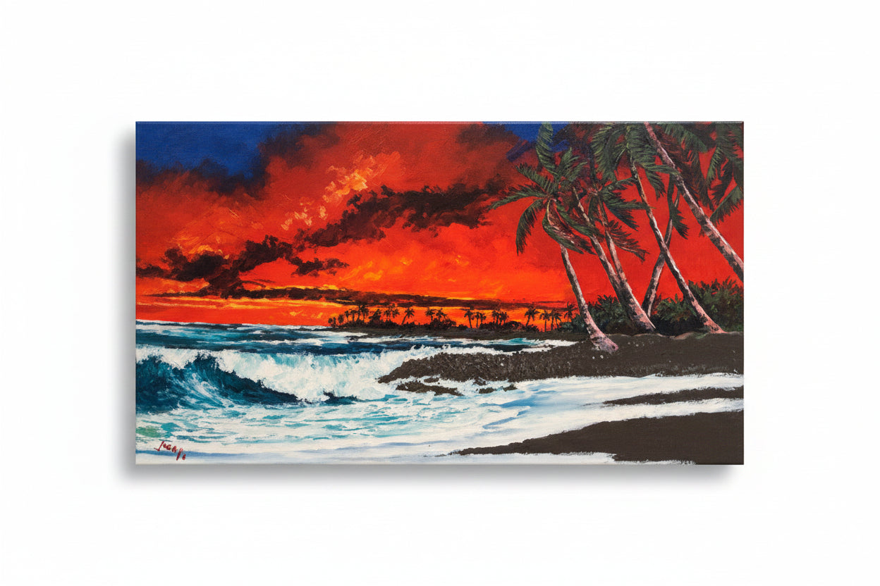 A rectangular canvas painting of a tropical beach sunset, featuring vibrant red and orange skies, dark blue ocean waves, and leaning palm trees on a white background. Hawaii beach, kilauea volcano lights up the sky