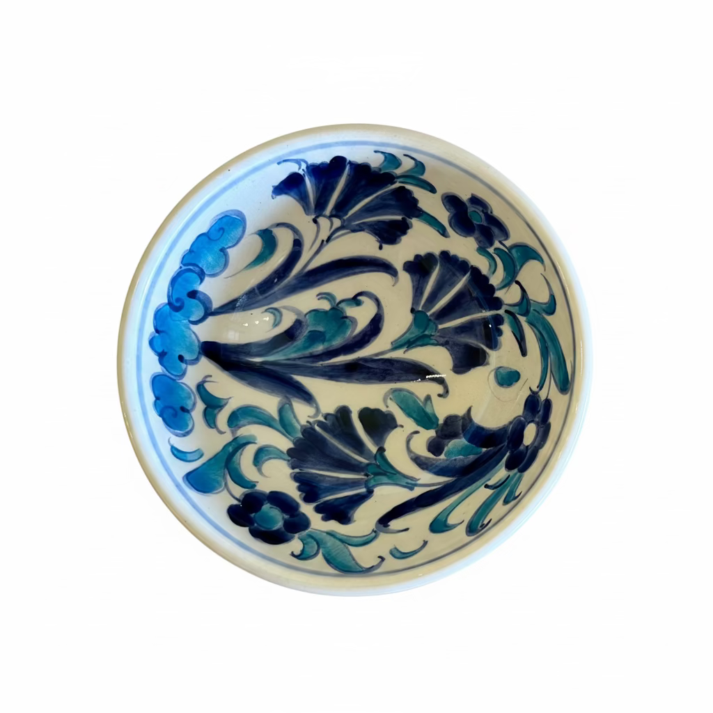 round ceramic plateswith blue floral patterns on a white background, displayed side-by-side on a wooden surface with a wooden ruler at the bottom.