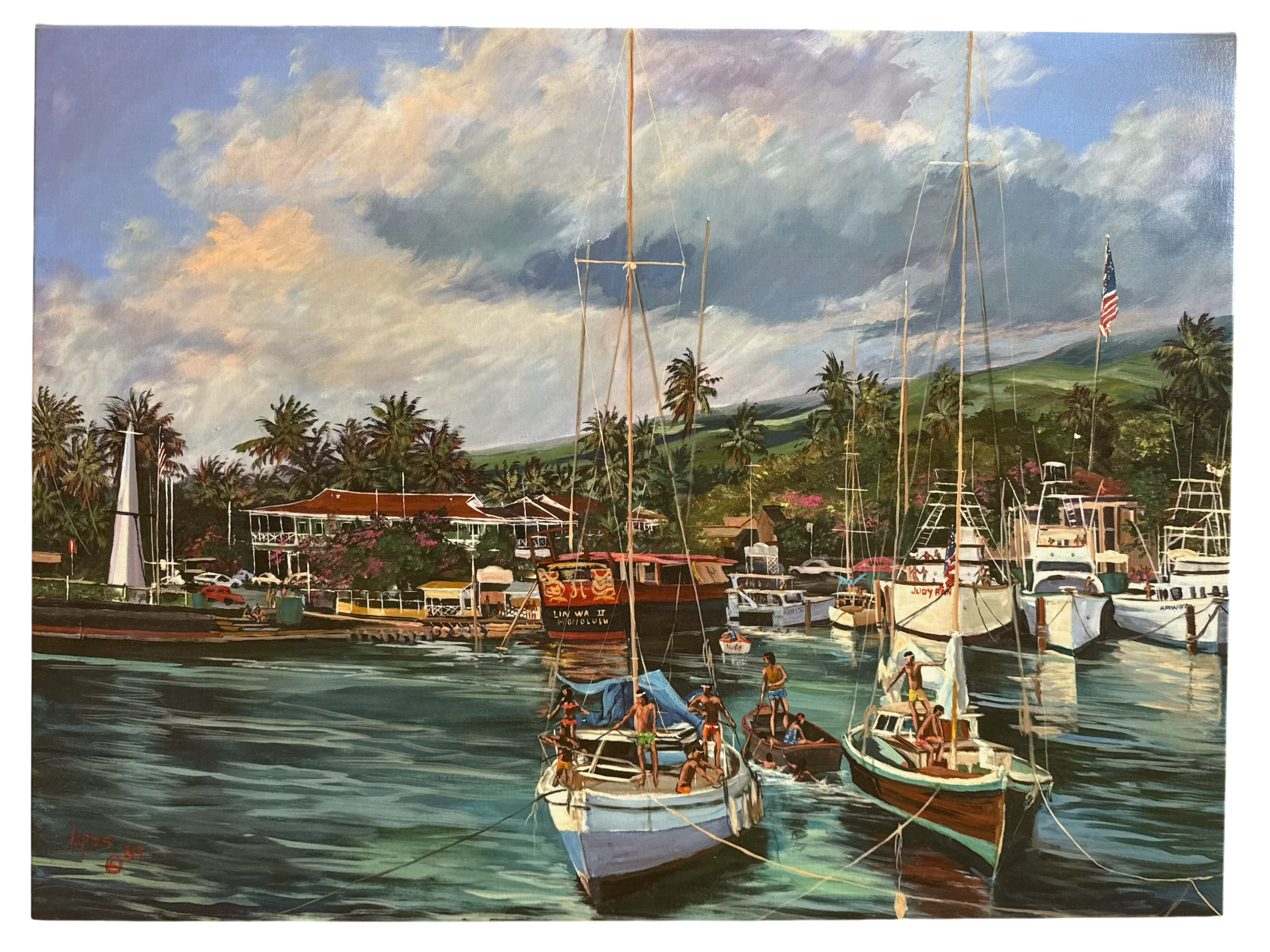 A painted Maui, Hawaii harbor scene in Lahaina with several sailboats and motorboats moored in calm blue-green water, surrounded by palm trees, docks, buildings, and a cloudy sky. The artwork fills nearly the whole frame.