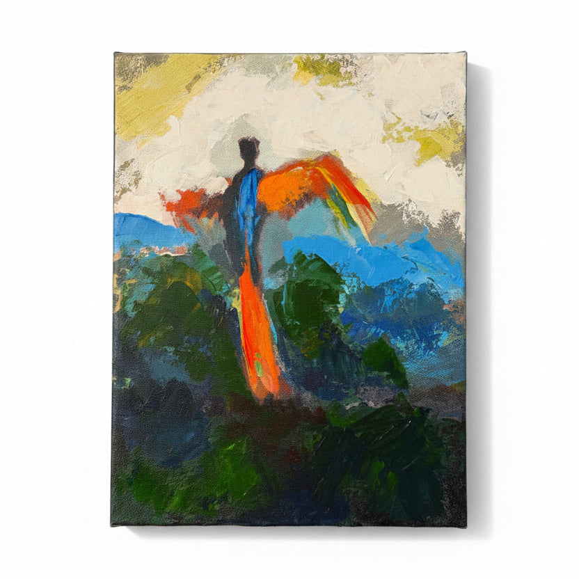 Abstract painting of a figure with a colorful garment against a landscape.