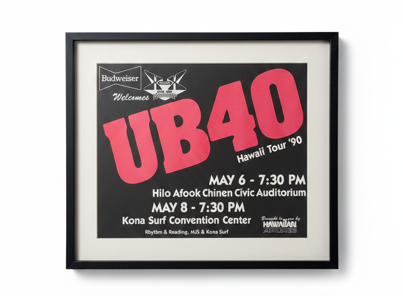 Framed poster of UB40 concert tour on a beige wall