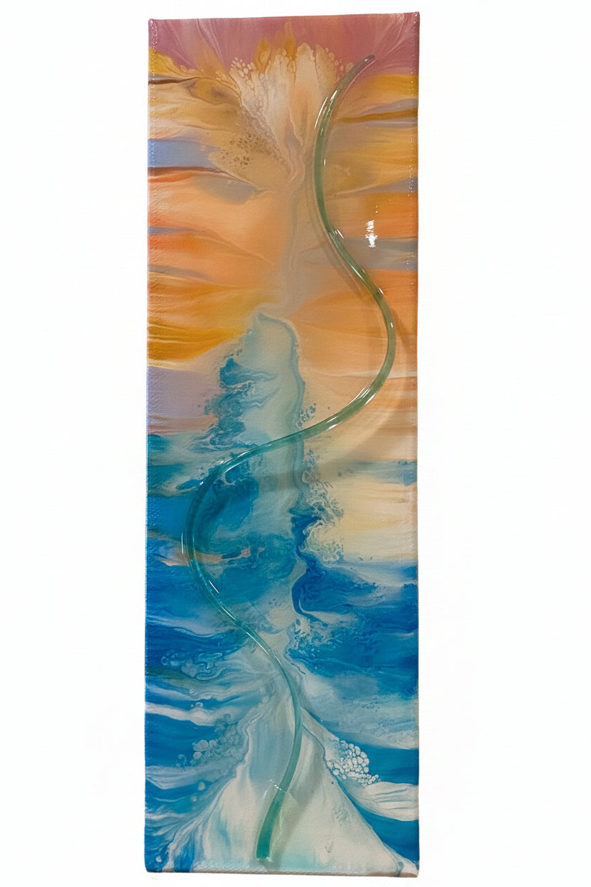 A vertical rectangular abstract wall art piece mounted on a textured beige wall. The artwork features blended swirls of blue, white, orange, pink, and yellow, with a prominent wavy translucent green line running through the center.