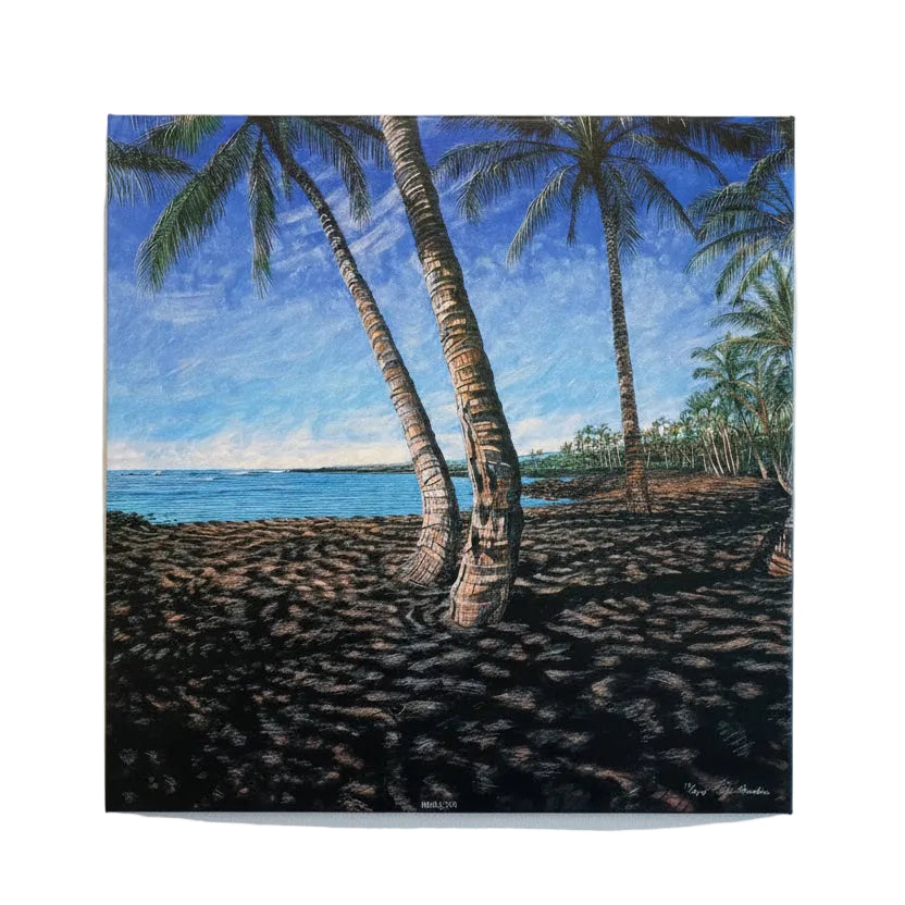 Painting of a tropical beach scene. punuluu black sand beach hawaii island