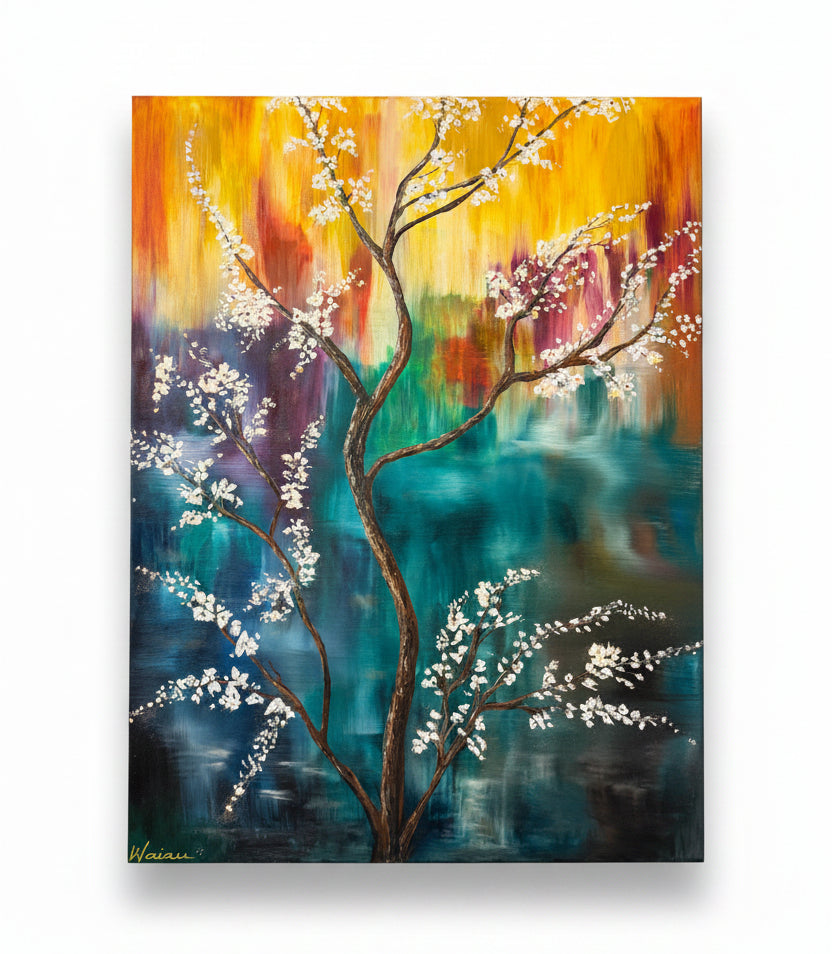 Abstract painting of a tree with white cherry blossoms against a colorful background