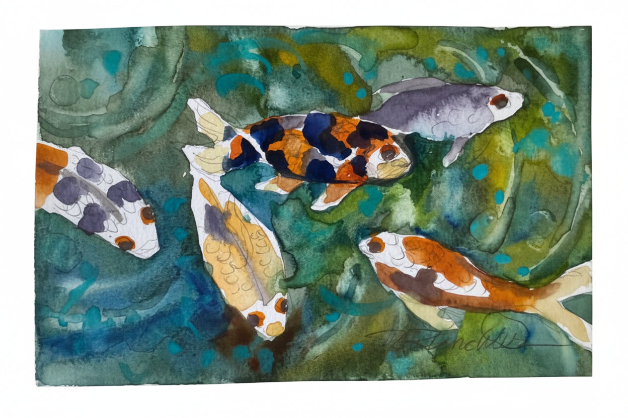 Artistic depiction of koi fish in a pond with a signature at the bottom.
