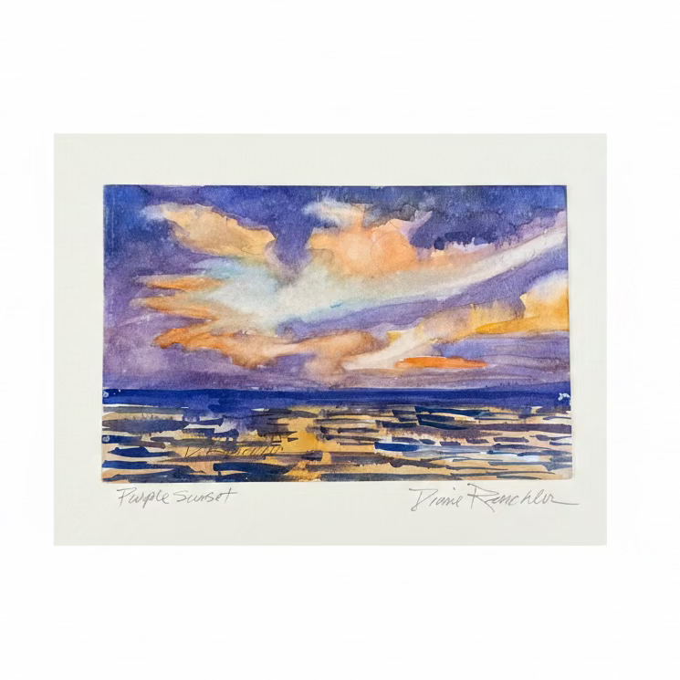 A watercolor art print titled 'Purple sunset' by artist Diane Renchler, featuring a colorful sky with purple, blue, orange, and yellow hues over a dark blue ocean, presented on a white background with a signature and artist name.