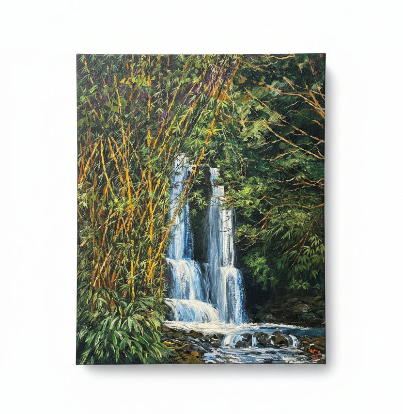 Canvas print of a waterfall surrounded by bamboo