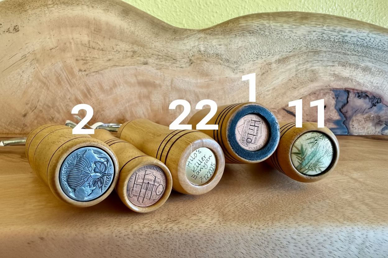 Four wooden bottle openers with round engraved metal stamp heads, displayed on a wooden surface in front of a large wood slab background.