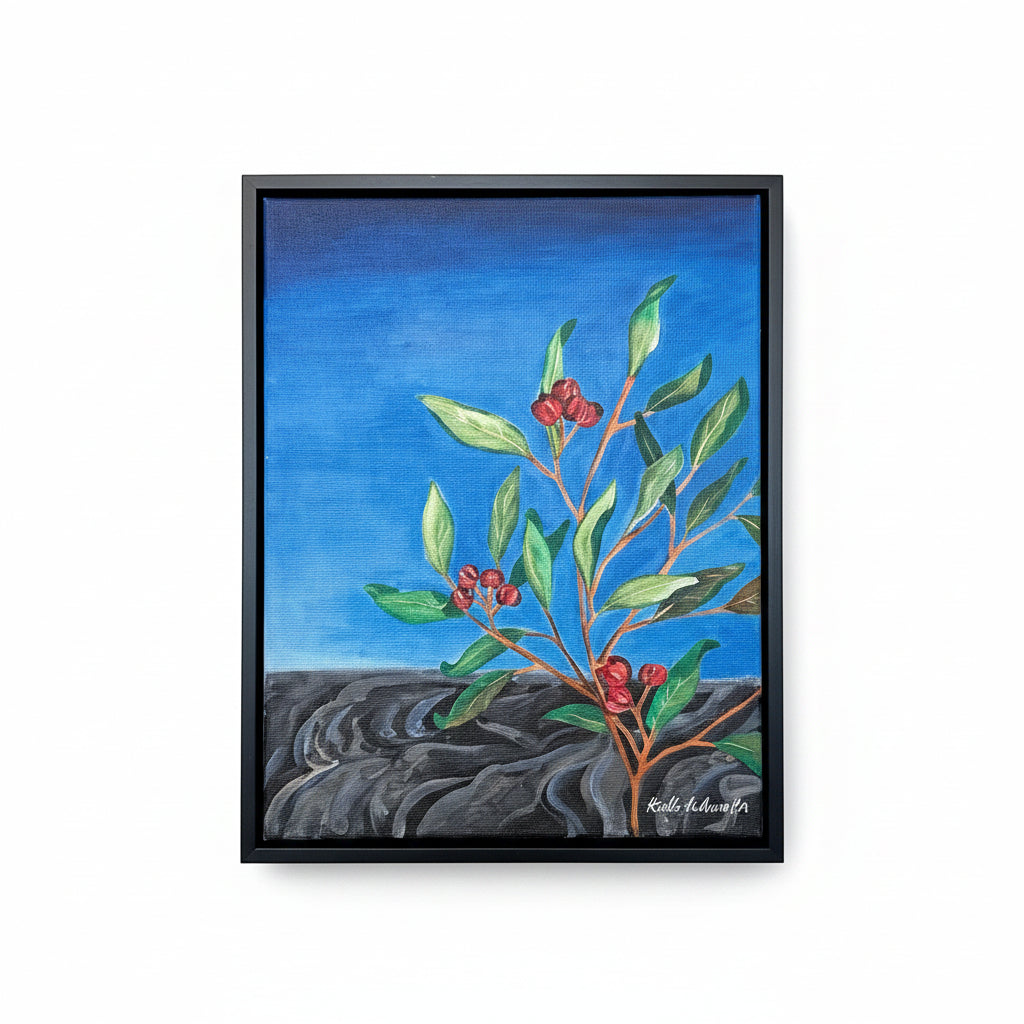 A framed painting featuring a green leafy plant with red berries against a bright blue sky and dark textured ground, shown on a white background. hawaii lava flow native plants