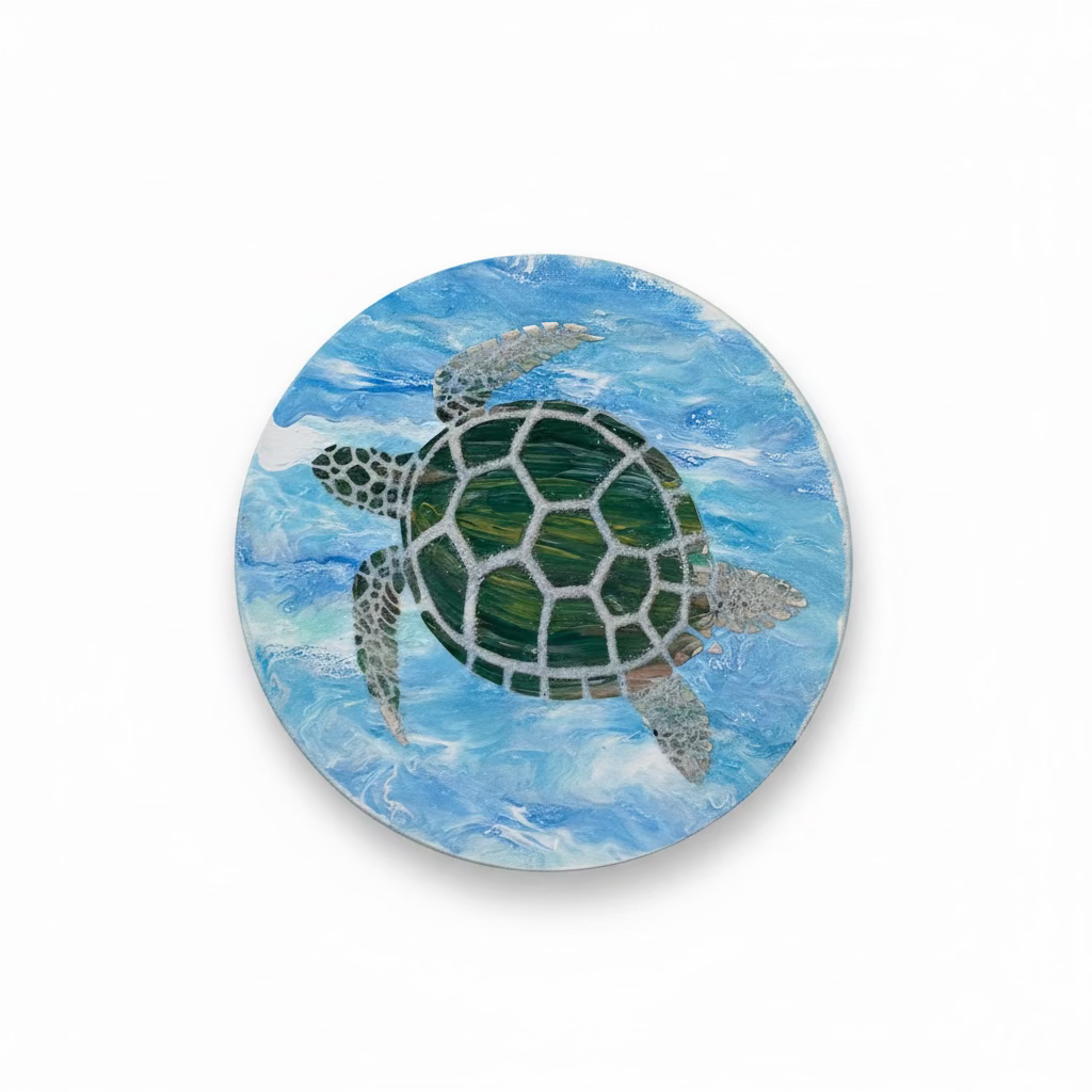 A round decorative art featuring a painted sea turtle swimming in blue water, shown on a plain white background.