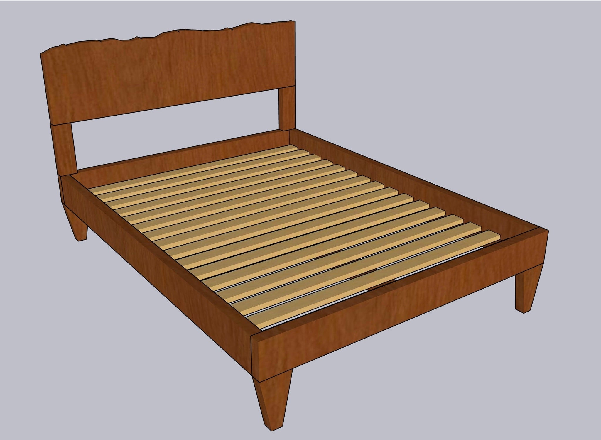 A 3D rendering of a hardwood platform bed frame with a slatted base, shown at an angle against a solid gray background. custom hawaiian hardwood bed