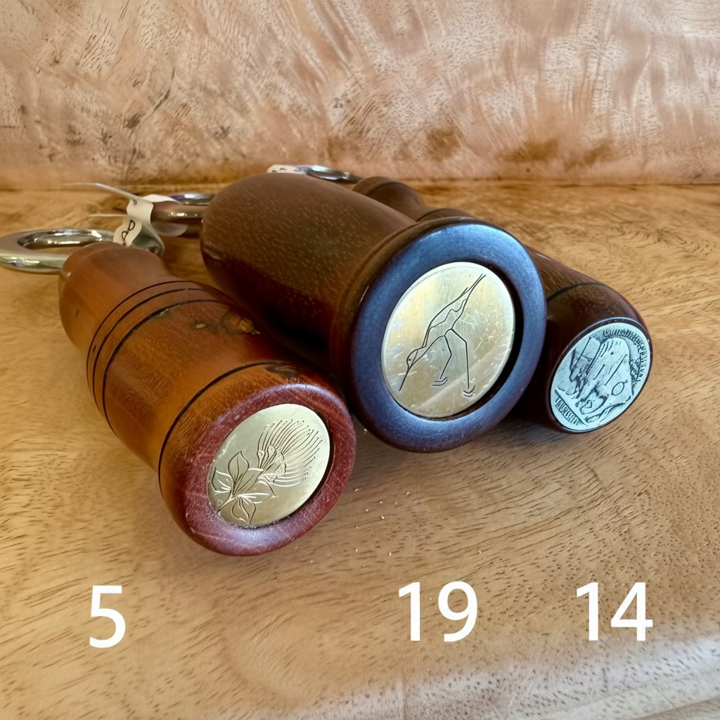 Three small wooden cylindrical bottle openers with round metal medallions, displayed on a wooden surface.