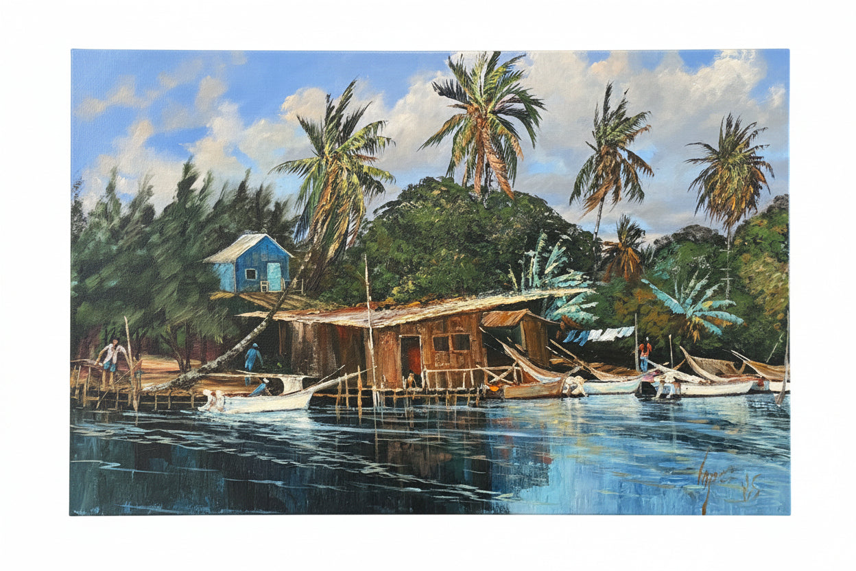 Painting of a tropical scene with a house, palm trees, and boats. haleiwa hawaii
