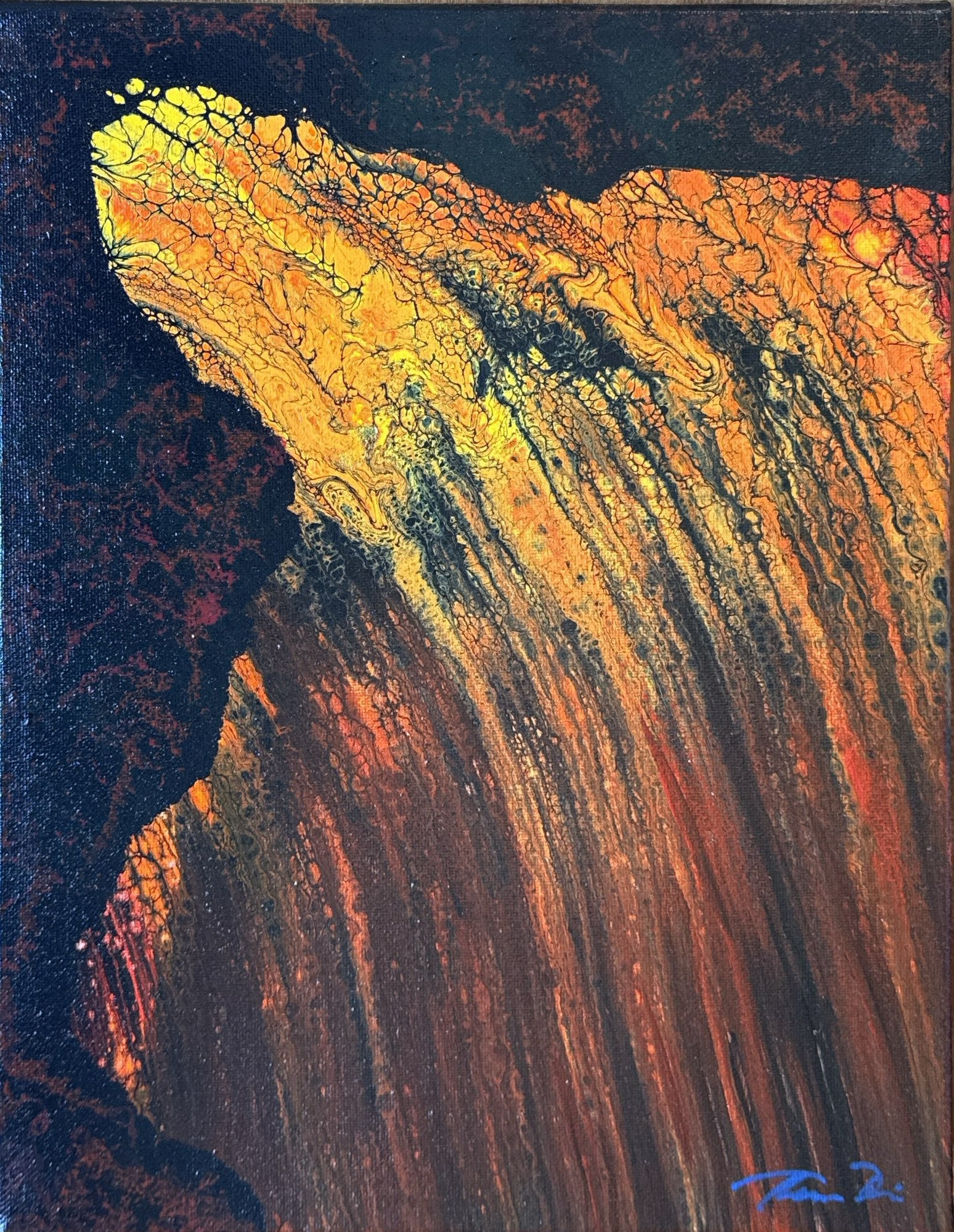 Abstract fluid acrylic painting featuring a dramatic waterfall or lava-like flow in vibrant yellow, orange, and red tones over a dark black and brown textured background. hawaii island as a lava absract painting