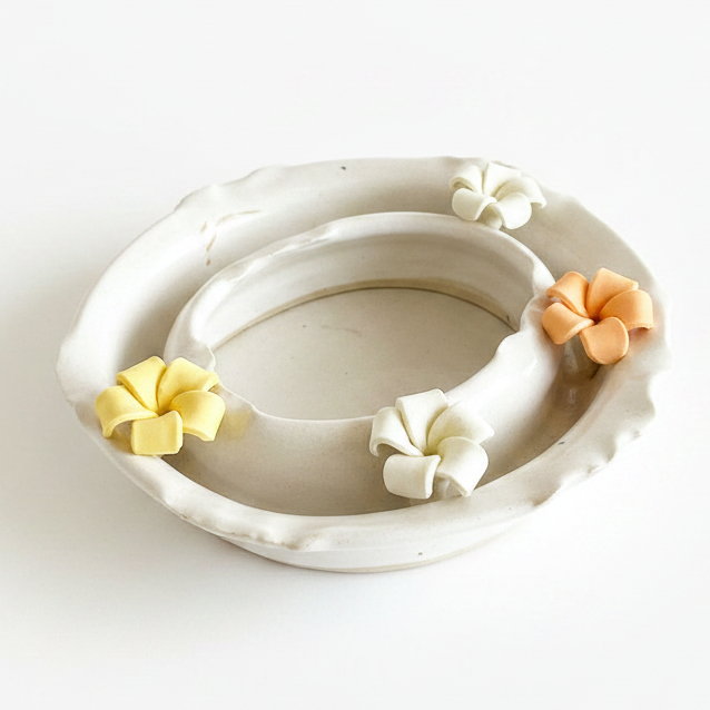 Decorative white ring with flowers on a wooden surface