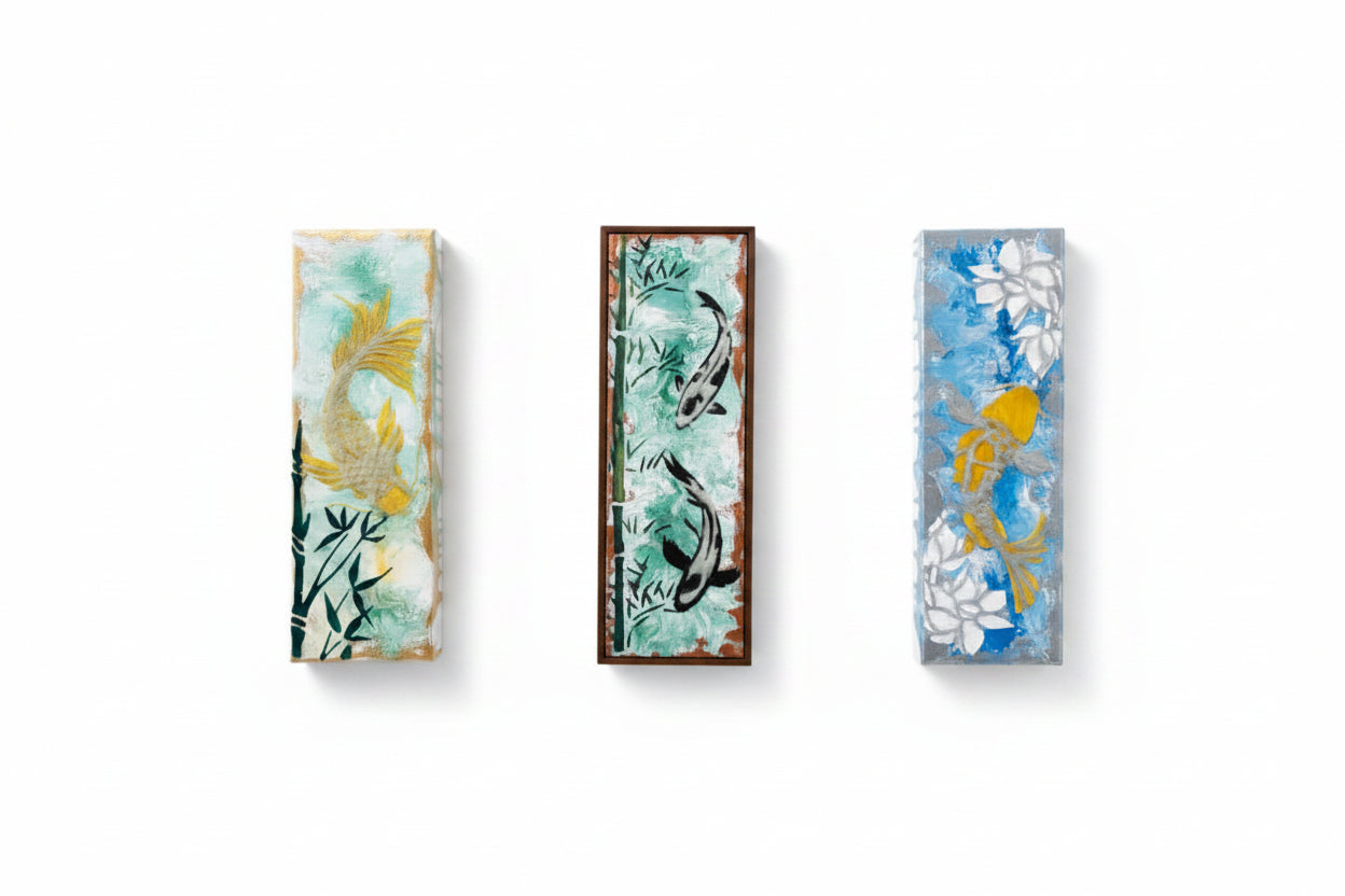 Three rectangular artworks with floral and abstract designs on a beige wall. koi fish art hawaii