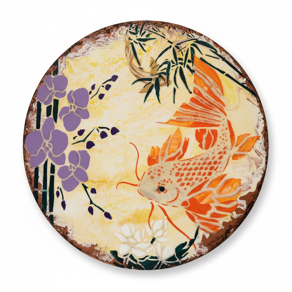 A round decorative round canvas featuring a hand-painted style illustration of a koi fish, purple orchids, and bamboo on a textured cream background.