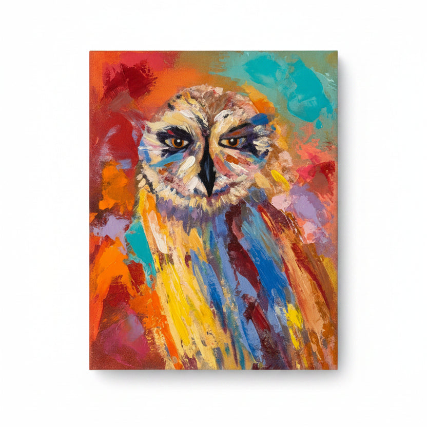 Colorful painting of an owl on a textured wall