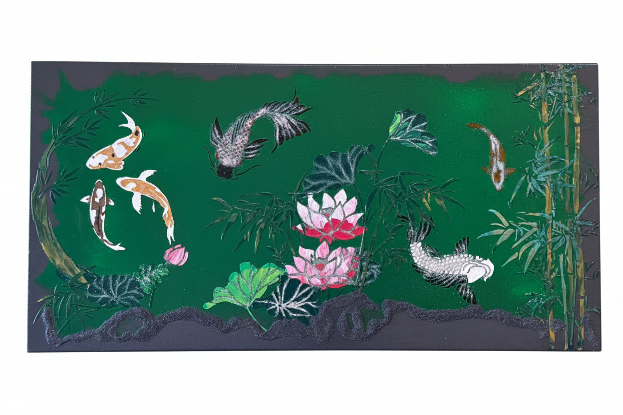 A rectangular green decorative panel or wall art featuring hand painted koi fish, lotus flowers, bamboo, and dark rock silhouettes, shown against a plain white background.