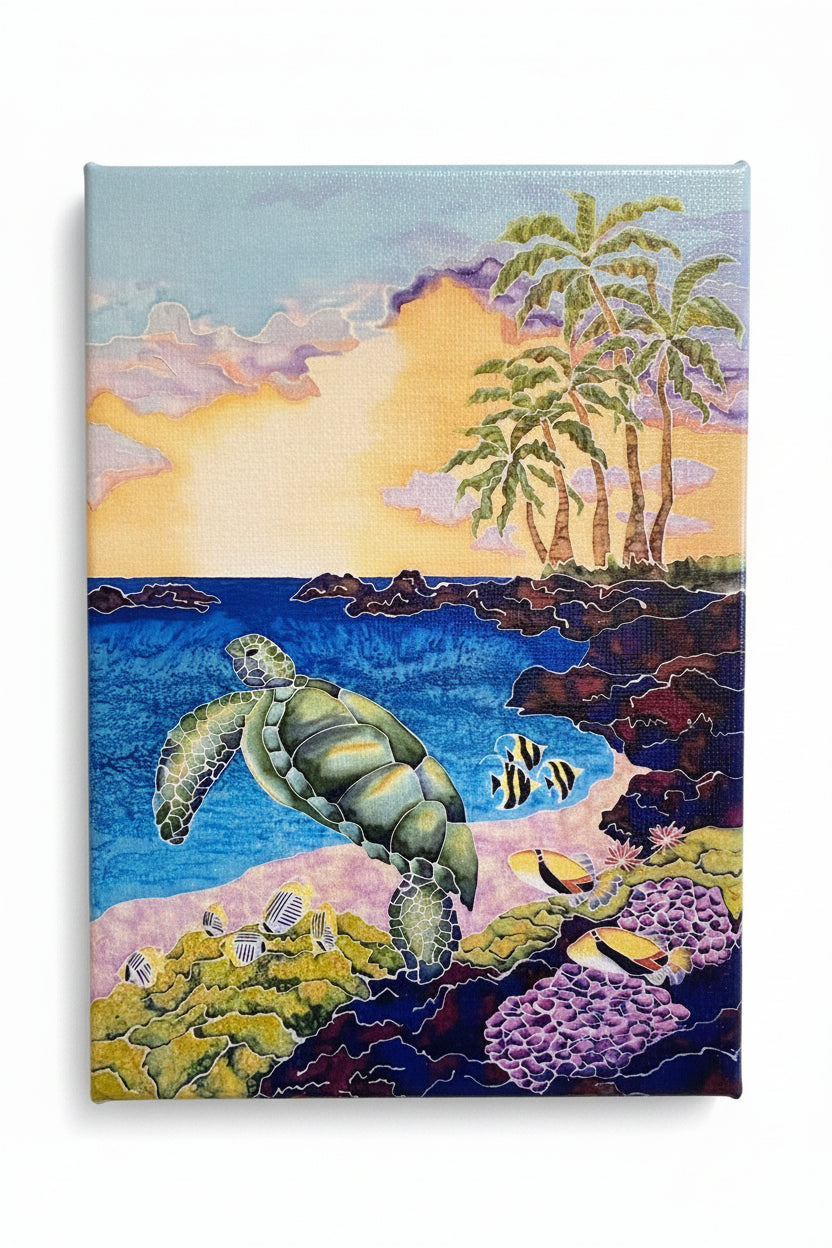 Canvas giclee painting of a hawaiian sea turtle and fish in an underwater scene with palm trees and sunset.