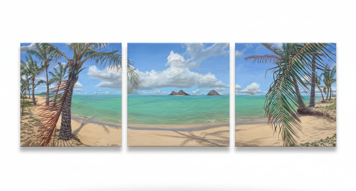 Three beach scene paintings, lani kai oahu hawaii