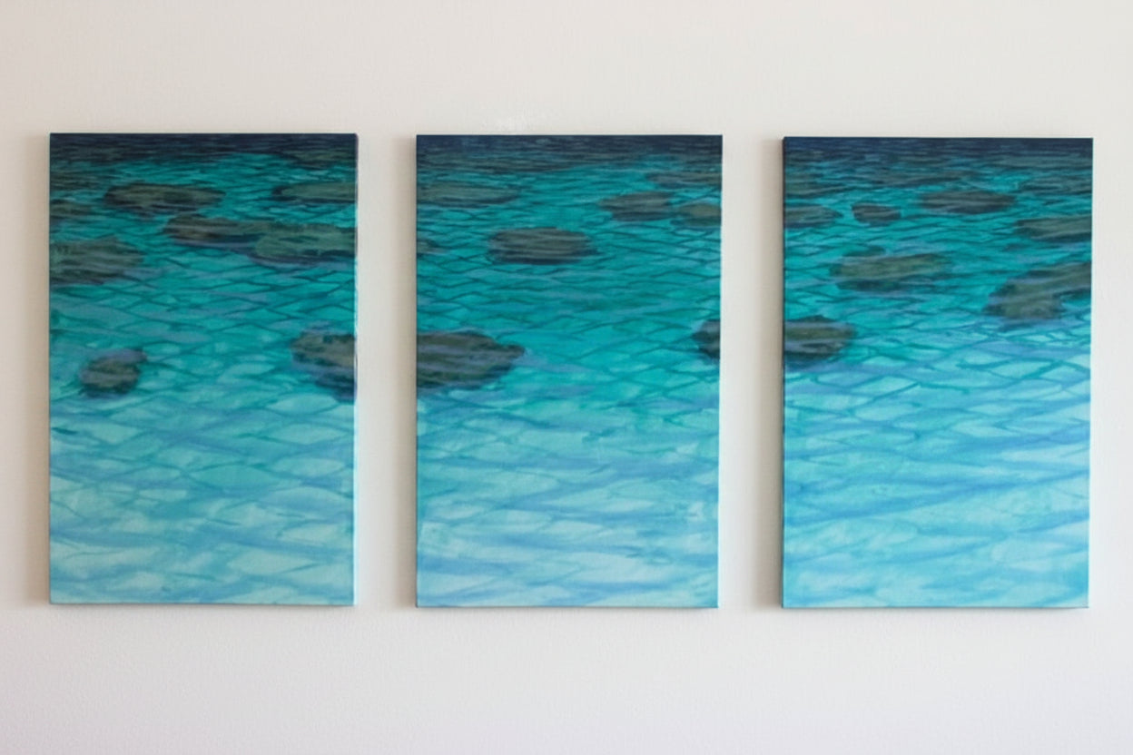 Three blue abstract ocean tide pool painting 