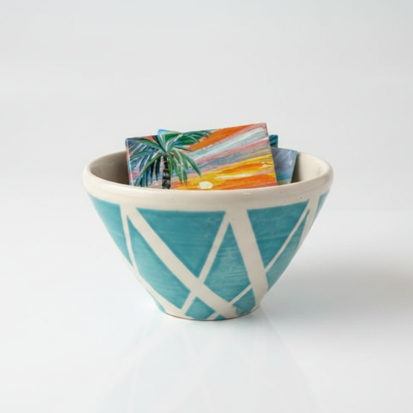 Ceramic bowl with geometric design on a wooden surface