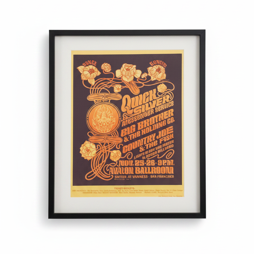 Framed concert poster with decorative elements on a beige wall.